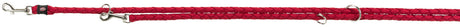 Rote geflochtene Leine mit silbernen Metallringen und Karabinerhaken.