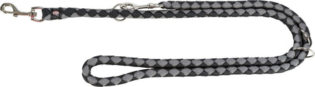 Grau-schwarze geflochtene Hundeleine mit silbernen Karabinern, Text "TRIXIE" sichtbar.