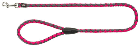 Geflochtene Hundeleine in Pink und Grau mit silbernem Karabinerhaken und schwarzem Verschlussdetail.
