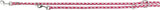 Geflochtene rote und graue Leine mit Metallhaken und -ringen.
