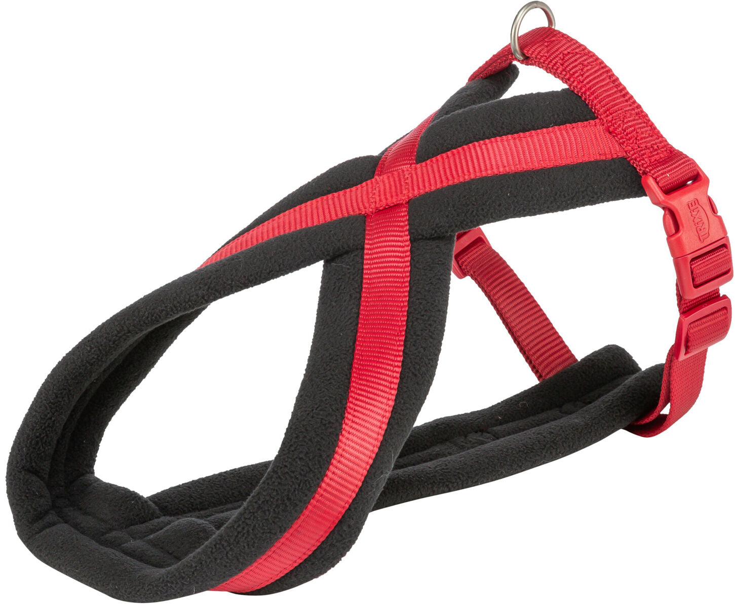 Rotes Hundegeschirr mit schwarzem, gepolstertem Innenraum und Klickverschluss, geeignet für Haustiere.