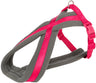 Grau-rosa Hundegeschirr mit weichem Material, verstellbaren Schnallen und einem Metallring.