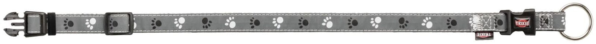 Graues Halsband mit schwarzen und weißen Pfotenabdrücken, Schnalle und D-Ring aus Metall.