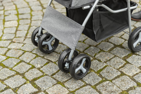 Grauer Kinderwagen mit vier Rädern steht auf einem mit Moos bewachsenen Kopfsteinpflasterweg.