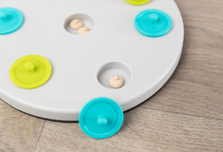 Rundes weißes Brettspiel mit bunten, abnehmbaren Scheiben auf Holzboden, darunter sichtbare Leckerli.