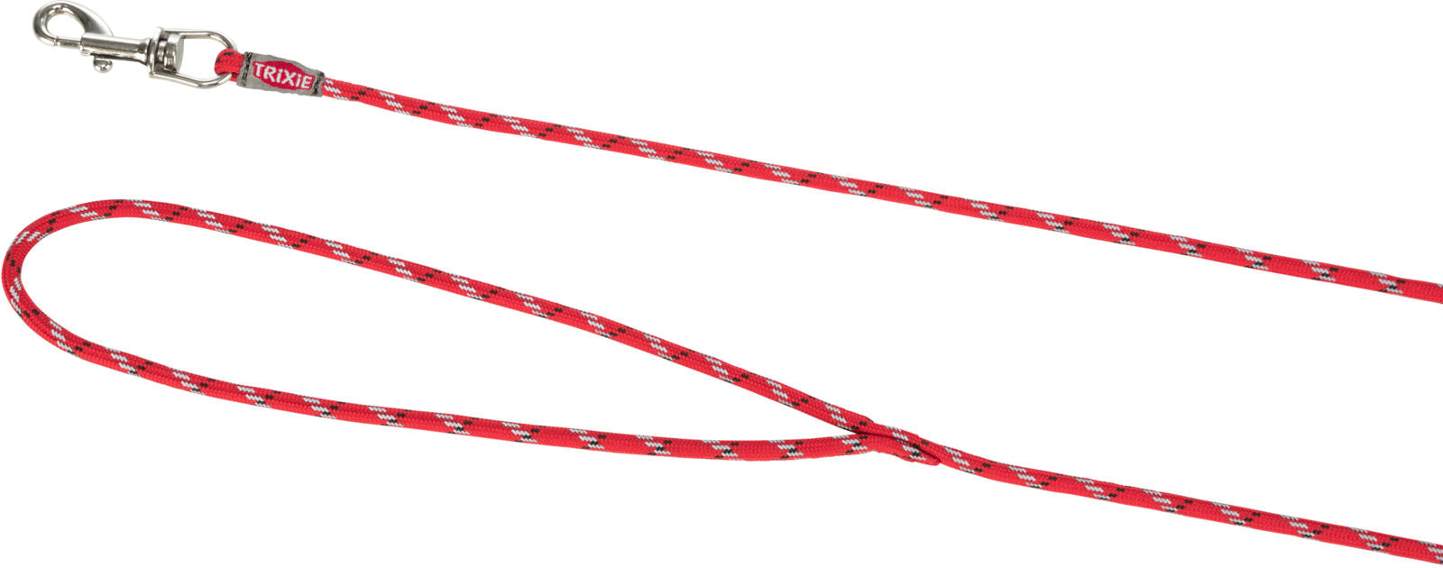 Rote Hundeleine mit silbernem Metallkarabinerhaken und schwarzem sowie weißem Zickzackmuster.