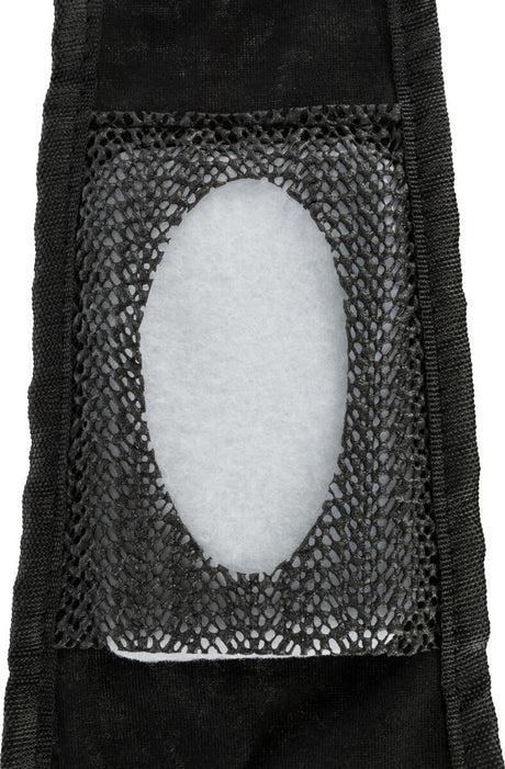 Schwarzes Netzgewebe mit ovalem Ausschnitt, umgeben von schwarzem Material, zeigt weißen Hintergrund im Inneren.