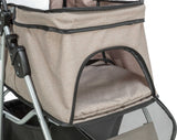 Beiger Kinderwagen mit schwarzem Netz und Metallrahmen, Sitzfläche gepolstert, offene Vorderseite.