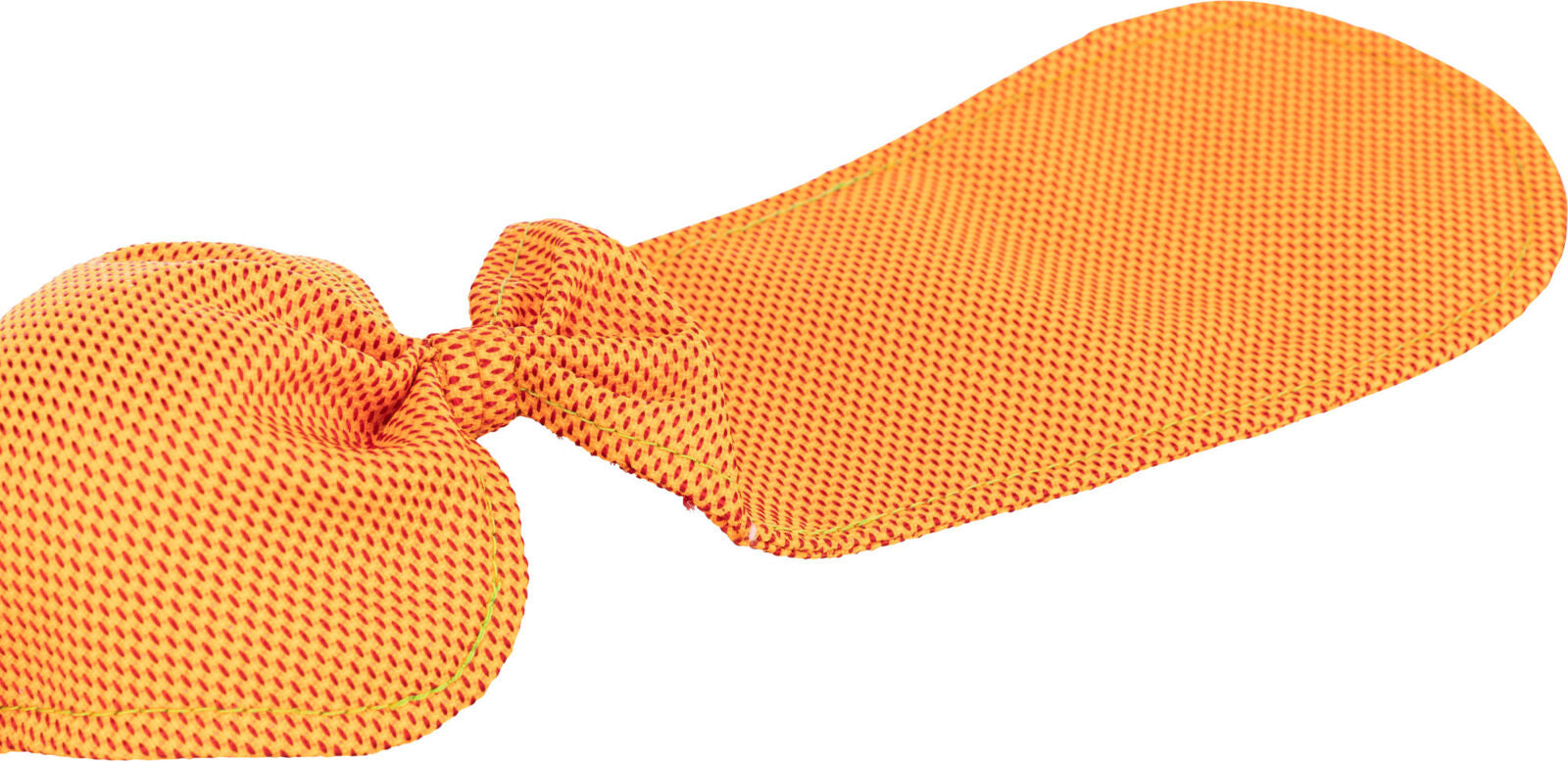 Orange-rote, strukturierte Stoffmasse mit Knoten in der Mitte, die eine glatte, flache Form hat.