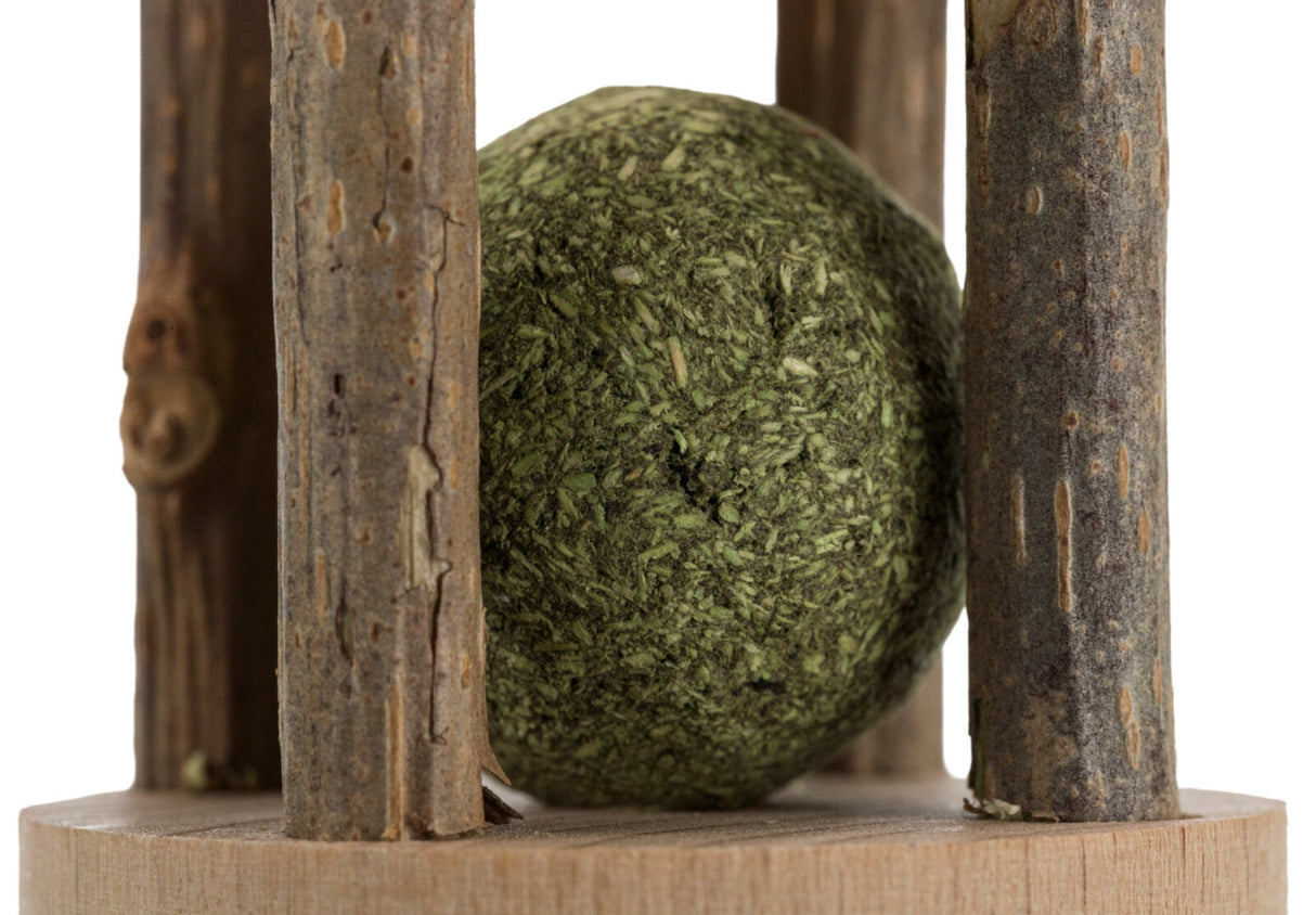 Ein runder, grüner Ball aus Pflanzenmaterial ist zwischen vertikalen Holzstöcken auf einer Holzscheibe platziert.