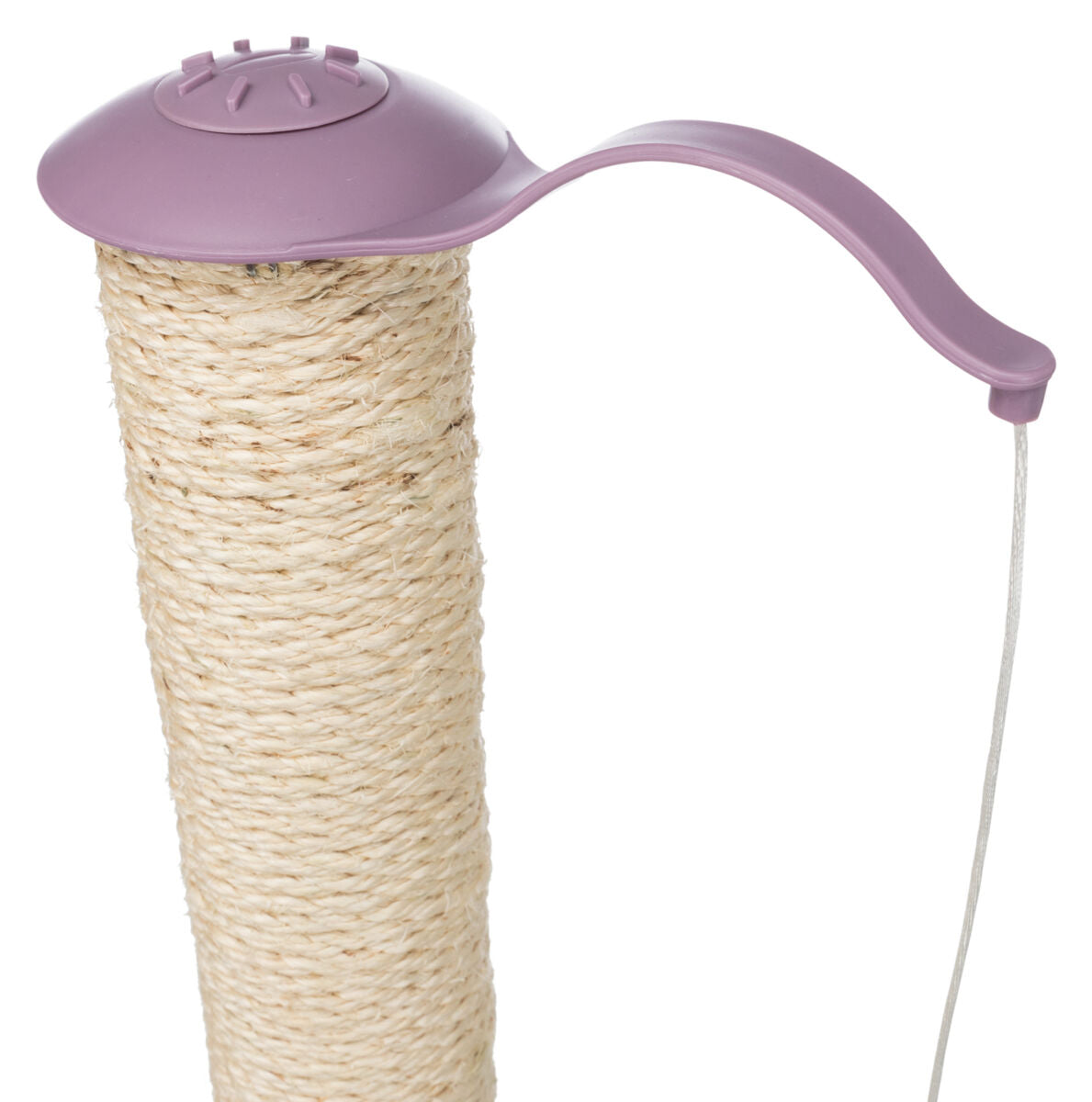 Kratzsäule mit beige gewundenem Seil und lila Kunststoffabdeckung mit gebogenem Griff oben.
