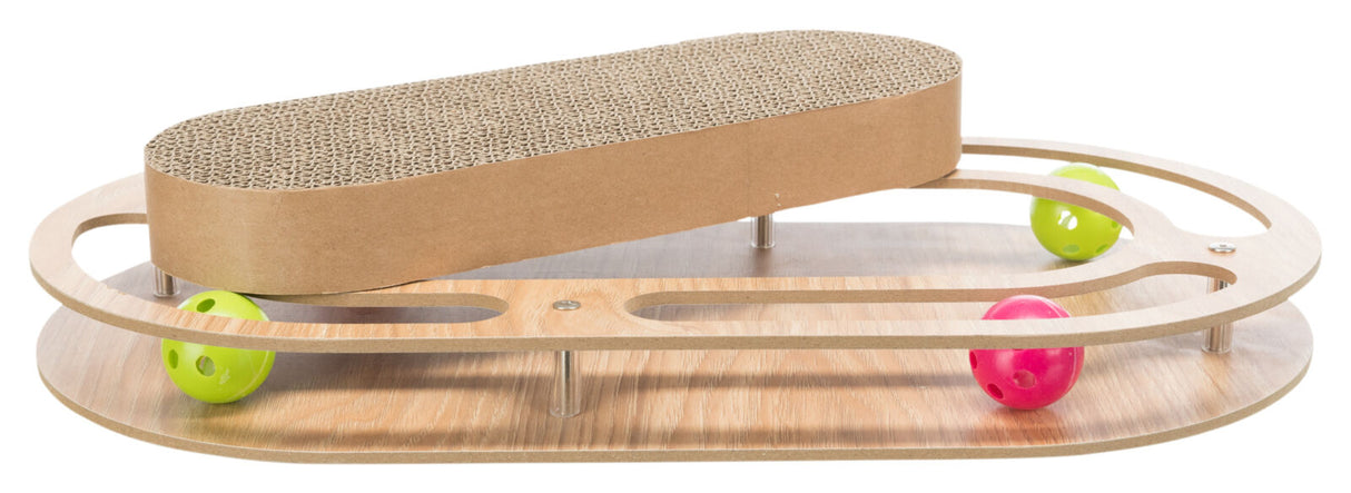 Kreisförmiges Holzgestell mit Lochbällen in Grün und Pink sowie einem ovalen Pappkartonaufsatz.