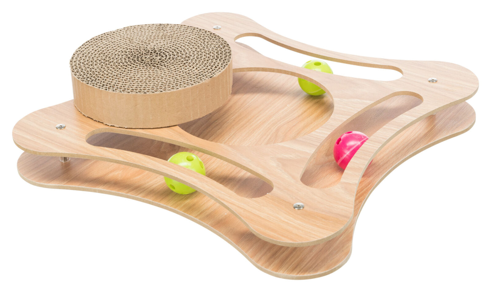 Spielzeug aus Holz mit runden Öffnungen, farbigen Bällen und einem Pappkarton-Kreis in der Mitte.