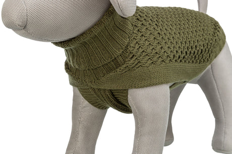 Grauer Hundemantel aus gestricktem Material in Olivgrün auf einem Hundemodell.