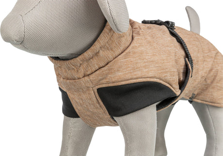 Grauer Hundemantel auf Modell mit strukturierter Oberfläche und schwarzen Details, braune melierte Optik.