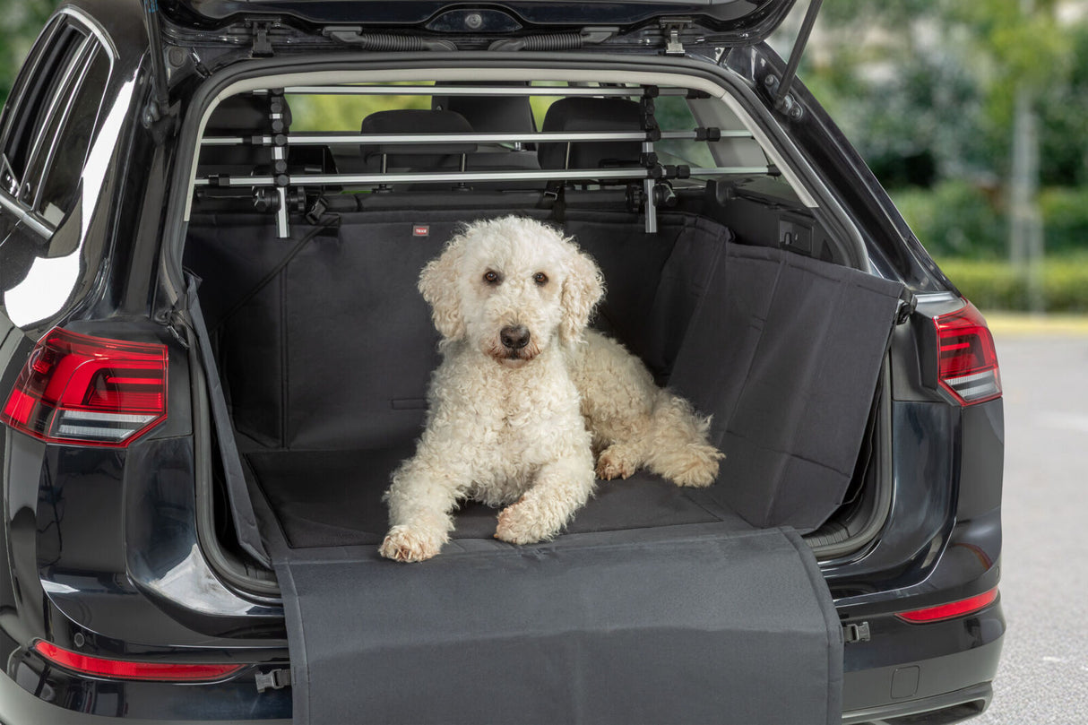 Ein weißer Hund liegt in einem schwarzen Kofferraum mit offener Heckklappe auf einer Schutzdecke.
