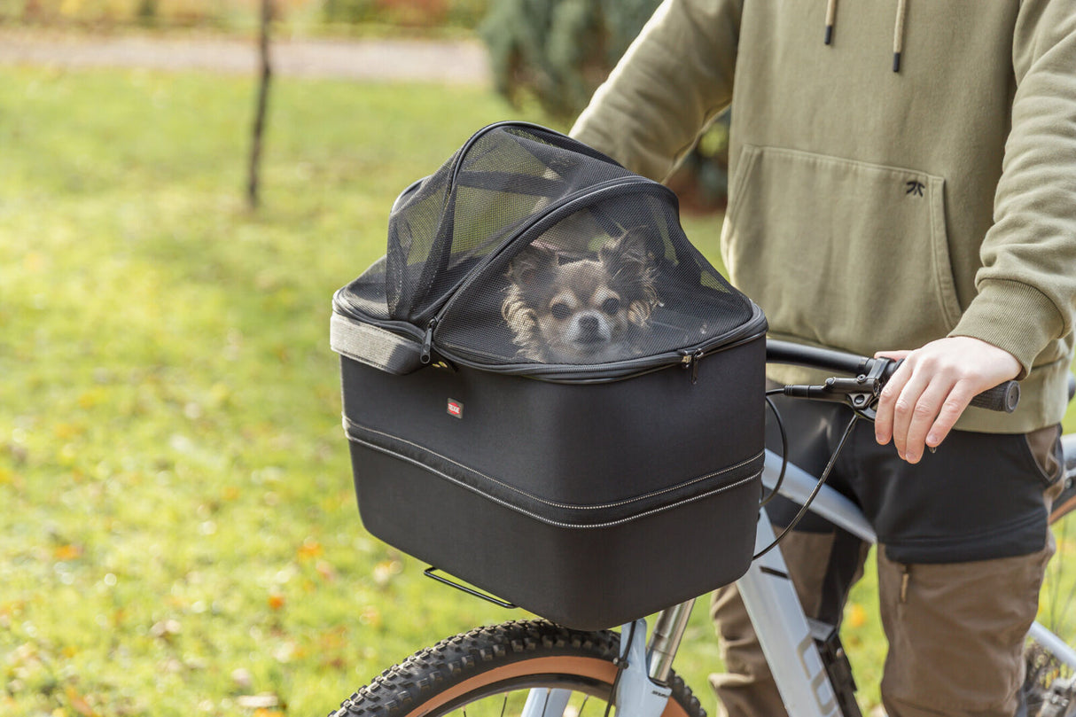 Kleiner Hund sitzt in einem schwarzen Fahrradkorb mit Netzabdeckung.
