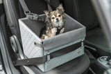 Ein kleiner Hund sitzt in einem grauen Autositz mit Sicherheitsgurt auf dem Beifahrersitz eines Autos.
