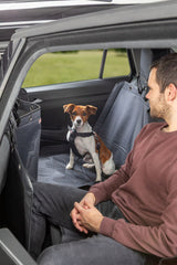 Ein kleiner Hund mit Geschirr sitzt auf dem Rücksitz eines Autos neben einer Person.