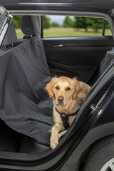 Ein Hund sitzt auf einer schwarzen Autoschondecke im hinteren Sitzbereich eines Fahrzeugs.