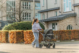 Frau schiebt Hund in Kinderwagen vor modernen Wohngebäuden entlang der Straße.