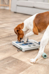 Hund spielt mit einem Intelligenzspielzeug auf einem Holzboden im Innenraum.