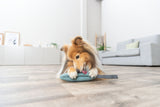 Ein Hund leckt eine Haustierbürste in einem modernen Wohnzimmer auf hellem Holzboden.
