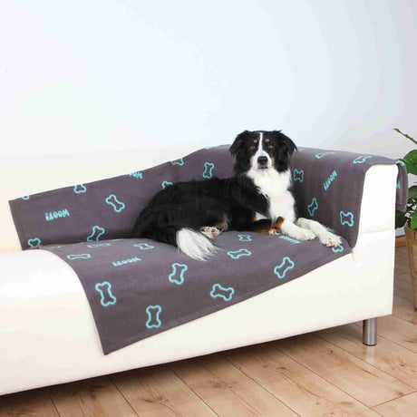 Ein Hund liegt auf einem weißen Sofa, bedeckt mit einer grauen Decke mit blauen Knochenmotiven.