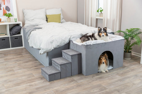 Ein Hund liegt auf einem grauen Bett, ein weiterer schaut aus der darunterliegenden Höhle.