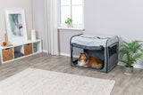 Helles Wohnzimmer mit grauen Wänden, Hund in grauer Tragetasche auf Holzboden, Pflanze und Regal im Hintergrund.