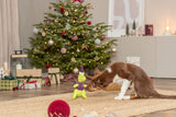 Ein Hund schnuppert an einem grünen Plüschspielzeug vor einem geschmückten Weihnachtsbaum.