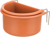 Orangefarbene, halbrunde Kunststoffschale mit zwei Metallhaken am Rand befestigt.