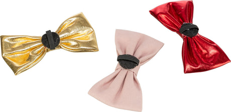 Drei Schleifen in Gold, Rosa und Rot, jeweils mit schwarzem Band in der Mitte.