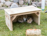 Zwei kleine Kaninchen sitzen in einer Holzhöhle auf einer Wiese, umgeben von einem Gitterzaun.