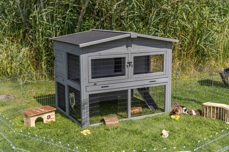 Grauer Kleintierställ mit Auslauf im Grünen, Meerschweinchen daneben auf Gras.