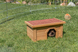 Ein Meerschweinchen schaut aus einem kleinen hölzernen Tierhaus auf einer Wiese.