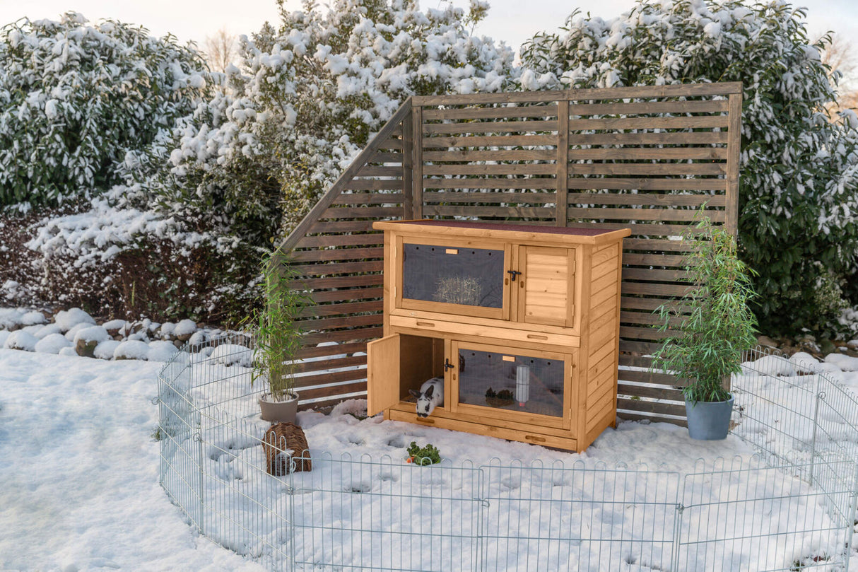 Holzkaninchenstall im verschneiten Garten mit Drahtzaun, zwei Pflanzen links und rechts, ein Kaninchen im unteren Bereich des Stalls.