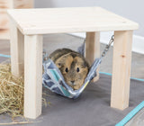 Meerschweinchen in einer bunt gemusterten Hängematte unter einem Holztisch auf einem grauen Teppich.